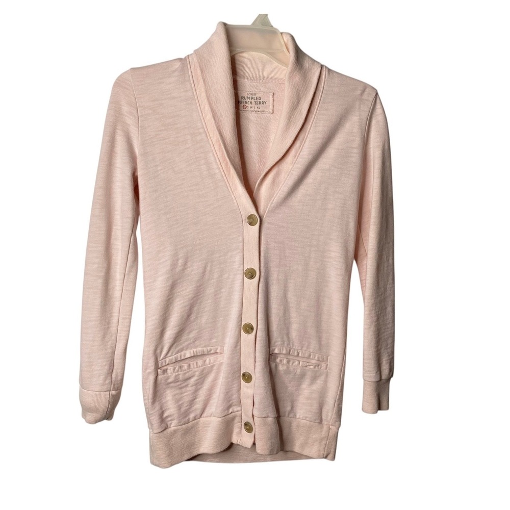 J Crew Pink Rumpled French Terry Cardigan Shawl Collar Pockets Womens Size XS
